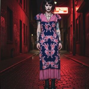 Anthropologie/Kindred Floral Navy and Red Maxi Dress small